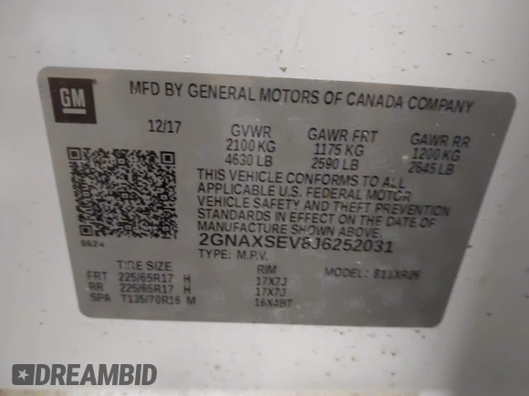 2018 Chevrolet Equinox LT with VIN 2GNAXSEV8J6252031, listed as a IAAI auction lot 41251068 with 124,361 mi miles. Bid and sale history available at carsss.com. Image 9.
