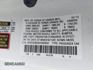 2012 Honda Civic Cpe LX with VIN 2HGFG3B54CH565952, listed as a IAAI auction lot 41550347 with 105,156 mi miles. Bid and sale history available at carsss.com. Image 9.