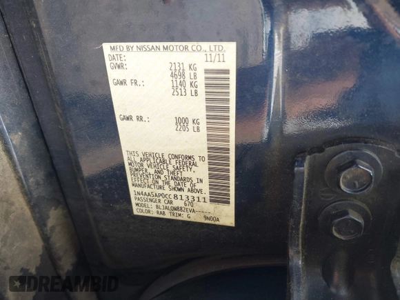 2012 Nissan Maxima SV with VIN 1N4AA5AP0CC813311, listed as a IAAI auction lot 42695699 with 151,825 mi miles and . Bid and sale history available at DreamBid. Image 9.