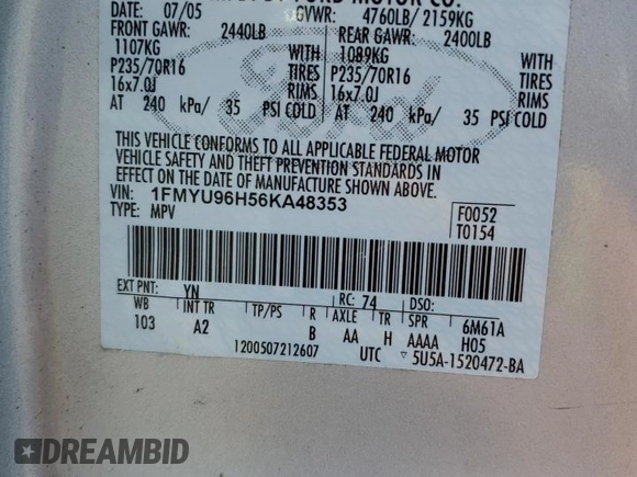 2006 Ford Escape Hybrid z VIN 1FMYU96H56KA48353, wystawiony jako Copart lot #63620365 z przebiegiem 165 223 mil mil oraz Szkoda całkowita • Salvage title. Historia ofert i sprzedaży dostępna na DreamBid. Obrazek 14.
