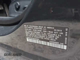 2016 Volkswagen Passat S with VIN 1VWAT7A37GC042880, listed as a IAAI auction lot 42092850 with 215,267 mi miles and . Bid and sale history available at DreamBid. Image 9.