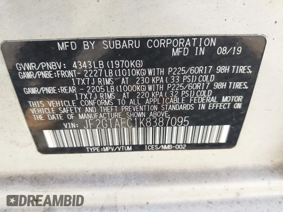 2019 Subaru Crosstrek Premium with VIN JF2GTAEC1K8387095, listed as a IAAI auction lot 42101685 with 64,008 mi miles and . Bid and sale history available at DreamBid. Image 9.