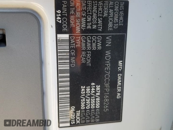 2015 Freightliner Sprinter with VIN WDYPE7CC3FP168265, listed as a Copart auction lot 44897065 with Not Provided miles and Salvage Title. Bid and sale history available at DreamBid. Image 13.