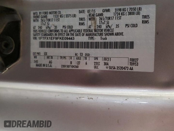 2015 Ford F-150 XLT with VIN 1FTFX1EF9FKE09443, listed as a Copart auction lot 51936045 with Not Provided miles and Salvage Title. Bid and sale history available at DreamBid. Image 12.