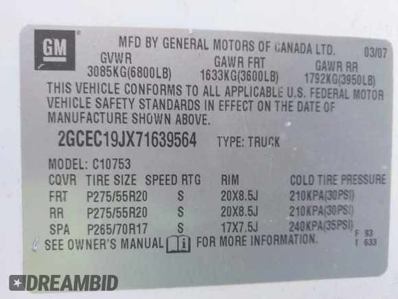 2007 Chevrolet Silverado 1500 LT w/1LT with VIN 2GCEC19JX71639564, listed as a IAAI auction lot 41437574 with 362,629 mi miles. Bid and sale history available at carsss.com. Image 9.