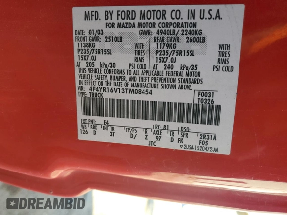 2003 Mazda B-Series Truck DS z VIN 4F4YR16V13TM08454, wystawiony jako Copart lot #84596964 z przebiegiem 102 723 mil mil oraz Szkoda całkowita • Salvage title. Historia ofert i sprzedaży dostępna na DreamBid. Obrazek 14.
