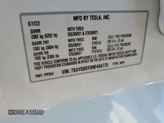 2022 Tesla Model Y Performance with VIN 7SAYGDEF8NF494770, listed as a Copart auction lot 42031405 with 28,724 mi miles and Salvage Title. Bid and sale history available at DreamBid. Image 12.