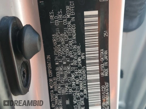 2014 Lexus GX 460 with VIN JTJBM7FX1E5069815, listed as a Copart auction lot 62572495 with Not provided miles and Salvage title. Bid and sale history available at DreamBid. Image 13.