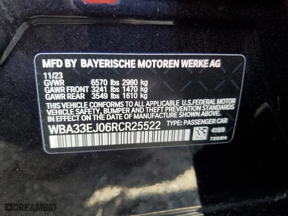 2024 BMW 7 Series 760i xDrive with VIN WBA33EJ06RCR25522, listed as a Copart auction lot 67920894 with 2,130 mi miles and Salvage Title. Bid and sale history available at carsss.com. Image 12.