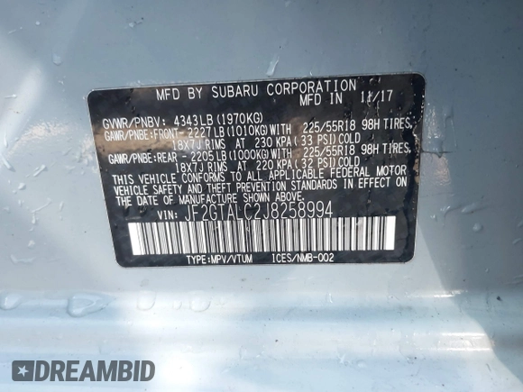 2018 Subaru Crosstrek Limited с VIN JF2GTALC2J8258994, выставлен на аукционе IAAI как лот 41999671 с пробегом 100 760 миль миль и . История ставок и продаж доступна на DreamBid. Изображение 9.