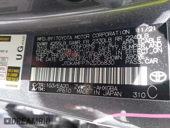2022 Toyota Prius LE with VIN JTDKAMFP7N3206830, listed as a IAAI auction lot 41984239 with 57,681 mi miles and . Bid and sale history available at DreamBid. Image 9.