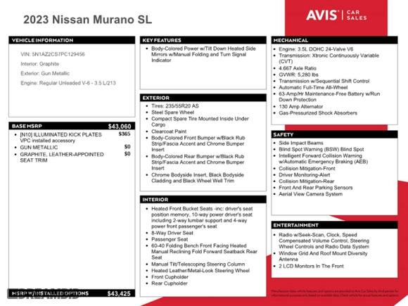 2023 Nissan Murano SL with VIN 5N1AZ2CS7PC129456, listed as a Copart auction lot 45384865 with 0 mi miles and Salvage Title. Bid and sale history available at carsss.com. Image 13.