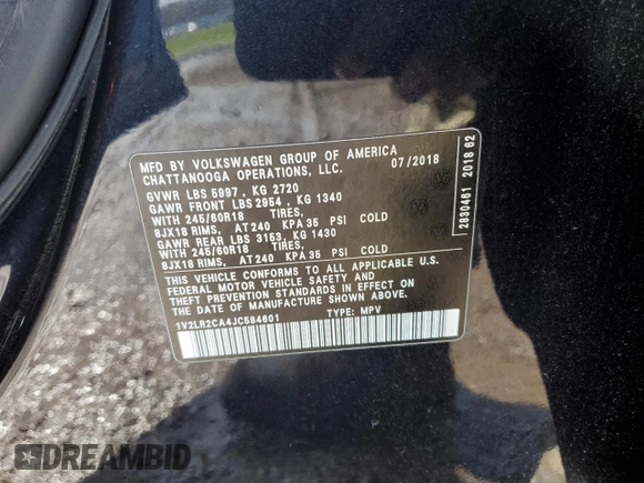 2018 Volkswagen Atlas SE z VIN 1V2LR2CA4JC584601, wystawiony jako Copart lot #52346605 z przebiegiem 71 990 mil mil oraz Szkody całkowita. Historia ofert i sprzedaży dostępna na DreamBid. Obrazek 15.