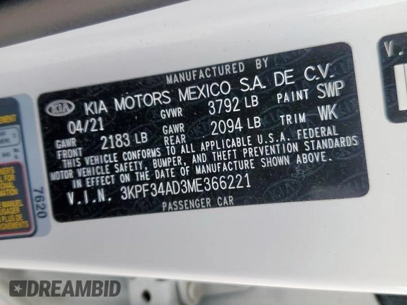 2021 Kia Forte GT-Line with VIN 3KPF34AD3ME366221, listed as a Copart auction lot 57614775 with 45,738 mi miles and Clean title. Bid and sale history available at DreamBid. Image 12.