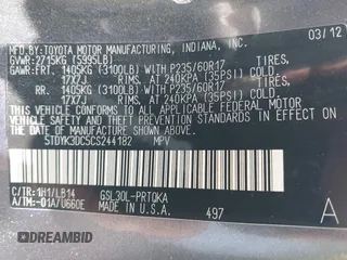 2012 Toyota Sienna XLE AAS с VIN 5TDYK3DC5CS244182, выставлен на аукционе IAAI как лот 42010398 с пробегом 218 607 миль миль и . История ставок и продаж доступна на DreamBid. Изображение 9.