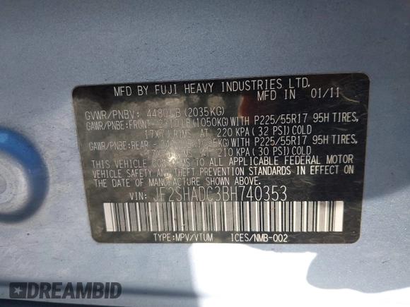 2011 Subaru Forester X Premium с VIN JF2SHADC3BH740353, выставлен на аукционе IAAI как лот 42000278 с пробегом 65 024 миль миль и . История ставок и продаж доступна на DreamBid. Изображение 9.