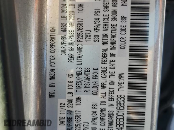 2013 Mazda CX-5 Sport with VIN JM3KE4BE6D0168538, listed as a Copart auction lot 85126964 with 102,722 mi miles and Salvage Title. Bid and sale history available at carsss.com. Image 12.