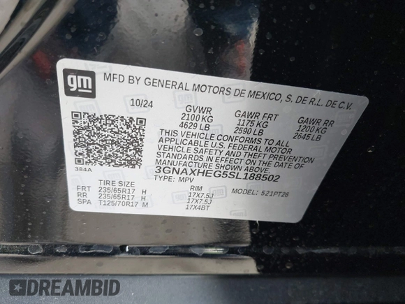 2025 Chevrolet Equinox FWD LT with VIN 3GNAXHEG5SL188502, listed as a IAAI auction lot 42127167 with 2,530 mi miles and . Bid and sale history available at DreamBid. Image 9.