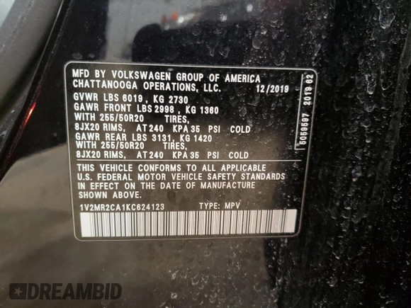 2019 Volkswagen Atlas SEL with VIN 1V2MR2CA1KC624123, listed as a Copart auction lot 50326895 with 89,234 mi miles and Salvage title. Bid and sale history available at DreamBid. Image 13.