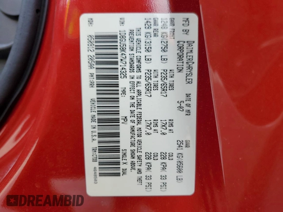 2007 Dodge Nitro SLT with VIN 1D8GU58K47W714325, listed as a Copart auction lot 53439535 with 177,644 mi miles and Clean Title. Bid and sale history available at DreamBid. Image 13.