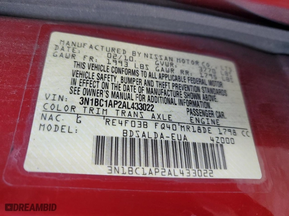 2010 Nissan Versa 1.8 S with VIN 3N1BC1AP2AL433022, listed as a Copart auction lot 86114384 with 180,689 mi miles and Salvage Title. Bid and sale history available at carsss.com. Image 14.