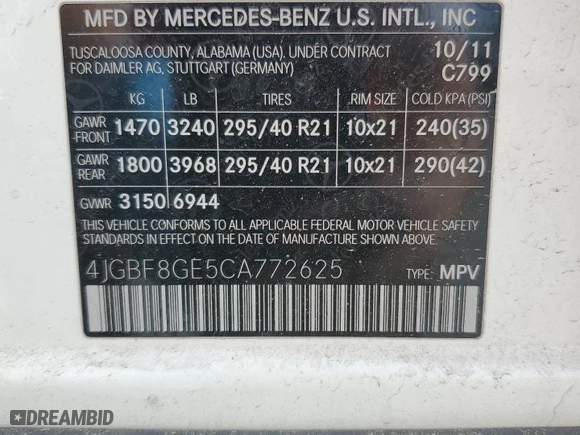 2012 Mercedes-Benz GL-Class GL 550 with VIN 4JGBF8GE5CA772625, listed as a Copart auction lot 51594395 with 218,271 mi miles and Salvage Title. Bid and sale history available at carsss.com. Image 14.