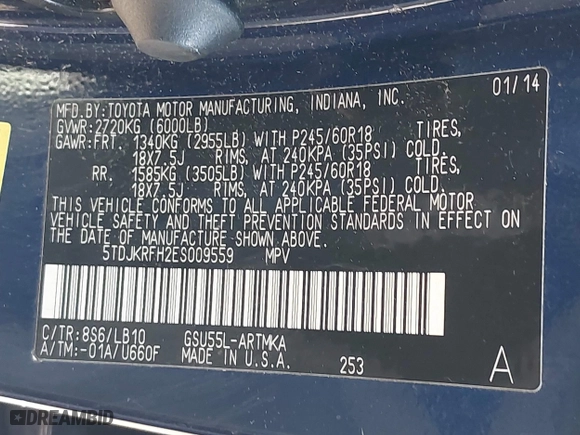 2014 Toyota Highlander XLE with VIN 5TDJKRFH2ES009559, listed as a IAAI auction lot 41913766 with 175,290 mi miles. Bid and sale history available at carsss.com. Image 9.