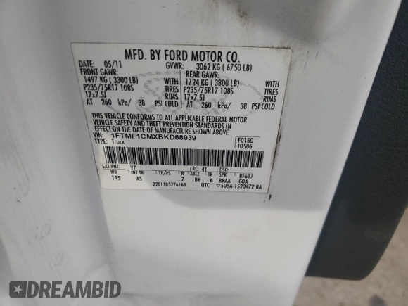 2011 Ford F-150 XL with VIN 1FTMF1CMXBKD68939, listed as a Copart auction lot 49341085 with 110,133 mi miles and Clean Title. Bid and sale history available at DreamBid. Image 12.