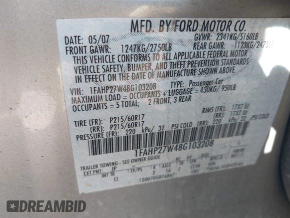 2008 Ford Taurus SEL with VIN 1FAHP27W48G103208, listed as a IAAI auction lot 41675026 with 154,608 mi miles. Bid and sale history available at carsss.com. Image 9.