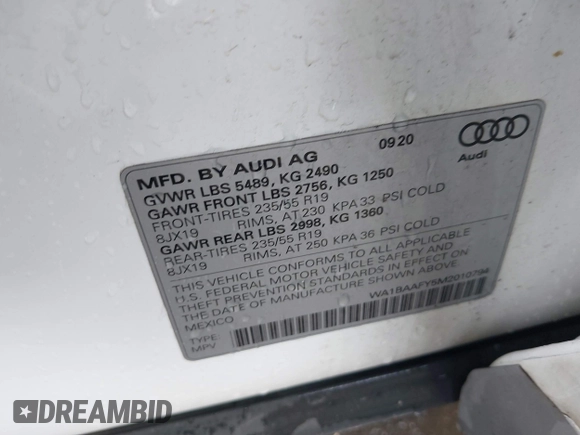 2021 Audi Q5 Premium Plus with VIN WA1BAAFY5M2010794, listed as a IAAI auction lot 41697512 with 51,732 mi miles and . Bid and sale history available at DreamBid. Image 9.