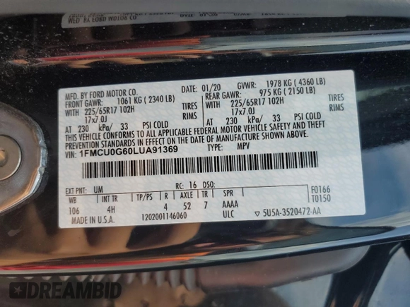 2020 Ford Escape SE с VIN 1FMCU0G60LUA91369, выставлен на аукционе Copart как лот 62776235 с пробегом Не указан миль и Списание • Salvage title. История ставок и продаж доступна на DreamBid. Изображение 13.