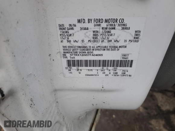 2007 Ford F-150 STX with VIN 1FTRX12W07FA04065, listed as a Copart auction lot 56001235 with Not provided miles and Salvage title. Bid and sale history available at DreamBid. Image 12.
