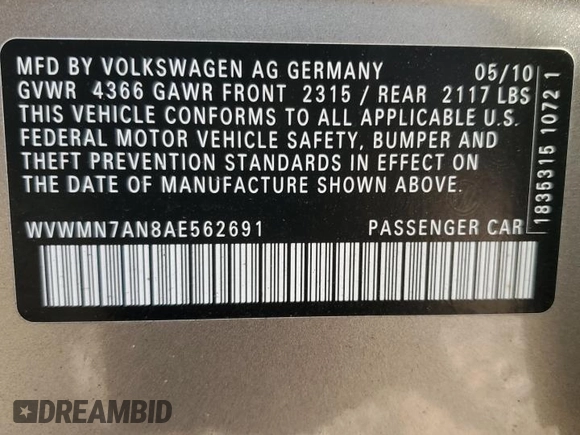 2010 Volkswagen CC Sport with VIN WVWMN7AN8AE562691, listed as a Copart auction lot 76957824 with 96,757 mi miles and Salvage Title. Bid and sale history available at DreamBid. Image 12.
