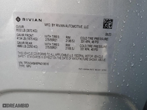 2023 Rivian R1S Adventure with VIN 7PDSGABAXPN019516, listed as a Copart auction lot 73248104 with 11,525 mi miles and Salvage Title. Bid and sale history available at carsss.com. Image 14.