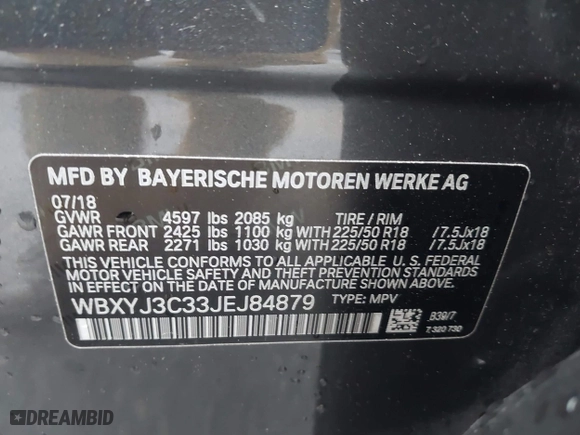 2018 BMW X2 sDrive28i with VIN WBXYJ3C33JEJ84879, listed as a IAAI auction lot 41783904 with 51,794 mi miles. Bid and sale history available at carsss.com. Image 9.