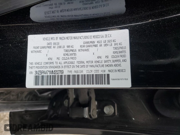 2021 Mazda 3 2.0 with VIN 3MZBPAA71MM202769, listed as a Copart auction lot 43660765 with 93,456 mi miles and Salvage Title. Bid and sale history available at DreamBid. Image 12.