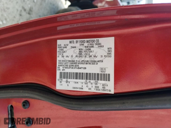 2007 Ford Explorer XLT z VIN 1FMEU73E37UB47129, wystawiony jako Copart lot #56120575 z przebiegiem 164 861 mil mil oraz Szkoda całkowita • Salvage title. Historia ofert i sprzedaży dostępna na DreamBid. Obrazek 13.