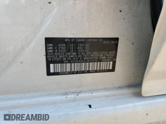 2020 Subaru Impreza Premium с VIN 4S3GKAD60L3611310, выставлен на аукционе Copart как лот 59339295 с пробегом 59 745 миль миль и Списание • Salvage title. История ставок и продаж доступна на DreamBid. Изображение 12.