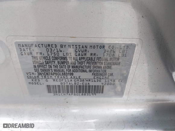 2016 Nissan Versa S with VIN 3N1CN7AP8GL883199, listed as a IAAI auction lot 42005328 with 40,659 mi miles. Bid and sale history available at carsss.com. Image 9.