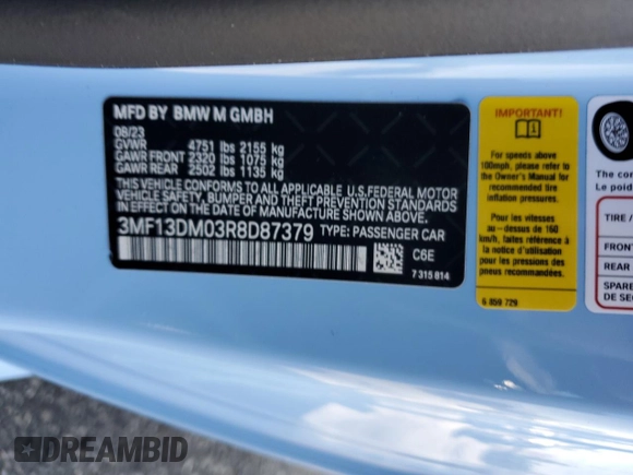 2024 BMW M2 with VIN 3MF13DM03R8D87379, listed as a Copart auction lot 45768905 with 12,388 mi miles and Salvage Title. Bid and sale history available at carsss.com. Image 15.