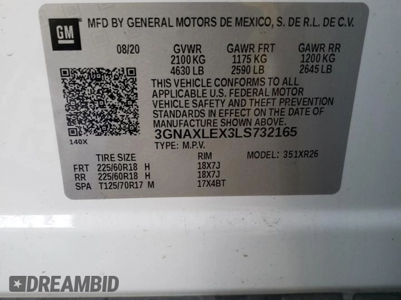 2020 Chevrolet Equinox LT with VIN 3GNAXLEX3LS732165, listed as a Copart auction lot 50311515 with 80,265 mi miles and Salvage Title. Bid and sale history available at carsss.com. Image 13.