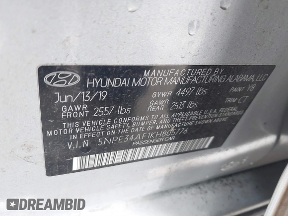 2019 Hyundai Sonata SEL with VIN 5NPE34AF1KH805776, listed as a IAAI auction lot 41877864 with Not Provided miles and . Bid and sale history available at DreamBid. Image 9.