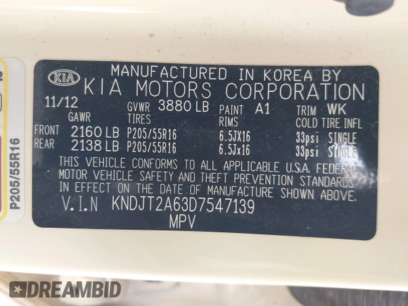 2013 Kia Soul + with VIN KNDJT2A63D7547139, listed as a IAAI auction lot 42119987 with 89,363 mi miles and . Bid and sale history available at DreamBid. Image 9.