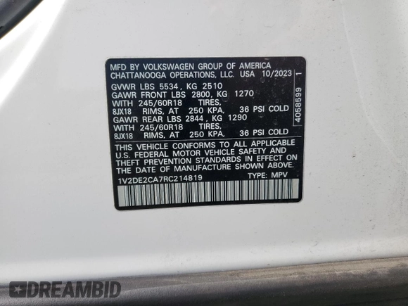 2024 Volkswagen Atlas SE z VIN 1V2DE2CA7RC214819, wystawiony jako Copart lot #88561555 z przebiegiem 21 226 mil mil oraz Szkoda całkowita • Salvage title. Historia ofert i sprzedaży dostępna na DreamBid. Obrazek 13.