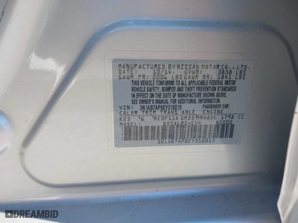2014 Nissan Sentra SV with VIN 3N1AB7AP8EY318015, listed as a IAAI auction lot 41815001 with 88,251 mi miles. Bid and sale history available at carsss.com. Image 9.