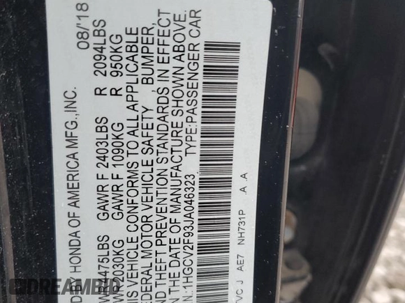 2018 Honda Accord Touring with VIN 1HGCV2F93JA046323, listed as a Copart auction lot 55622205 with 167,525 mi miles and Salvage title. Bid and sale history available at DreamBid. Image 12.