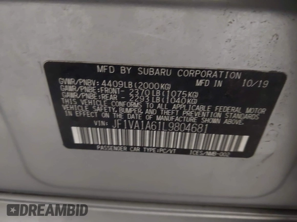 2020 Subaru WRX with VIN JF1VA1A61L9804681, listed as a IAAI auction lot 41870925 with Not provided miles and . Bid and sale history available at DreamBid. Image 9.