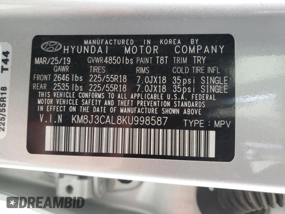 2019 Hyundai Tucson Ultimate z VIN KM8J3CAL8KU998587, wystawiony jako Copart lot #52352115 z przebiegiem 45 881 mil mil oraz Szkoda całkowita • Salvage title. Historia ofert i sprzedaży dostępna na DreamBid. Obrazek 14.