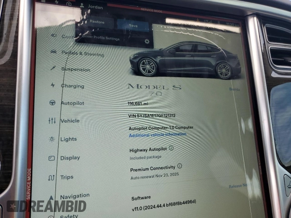2016 Tesla Model S 70 with VIN 5YJSA1E17GF121312, listed as a Copart auction lot 44736965 with 116,661 mi miles and Salvage title. Bid and sale history available at DreamBid. Image 9.