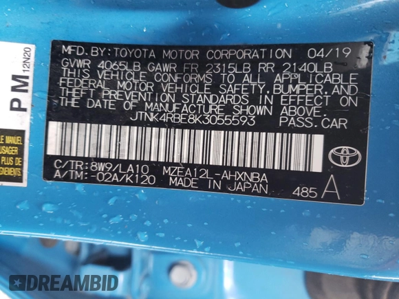 2019 Toyota Corolla Hatchback SE with VIN JTNK4RBE8K3055593, listed as a Copart auction lot 64194594 with 157,171 mi miles and Salvage Title. Bid and sale history available at carsss.com. Image 12.